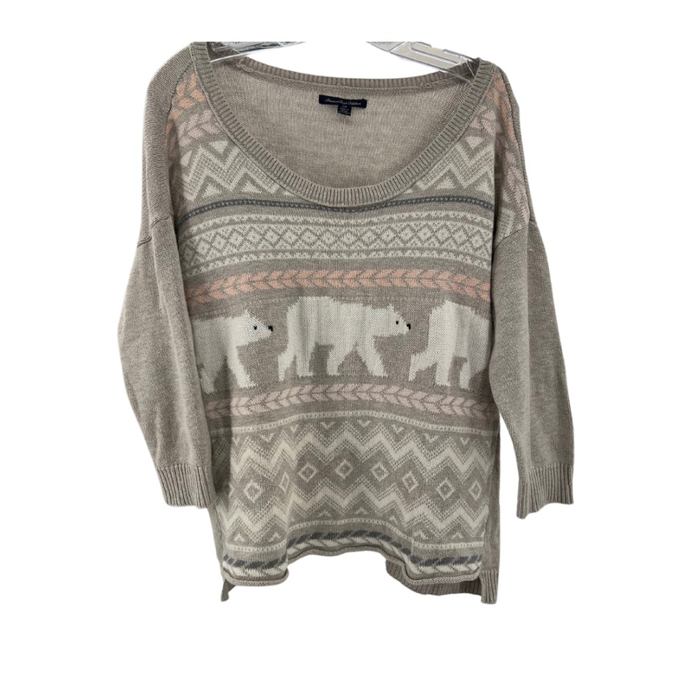 AEO polar bear sweater neutral scoop neck 3/4 sleeve large